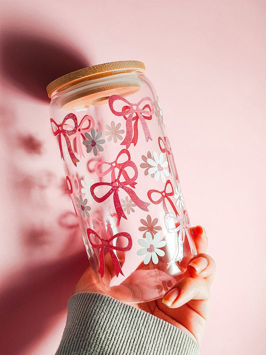 Coquette Bows and Daisies Glass Cup