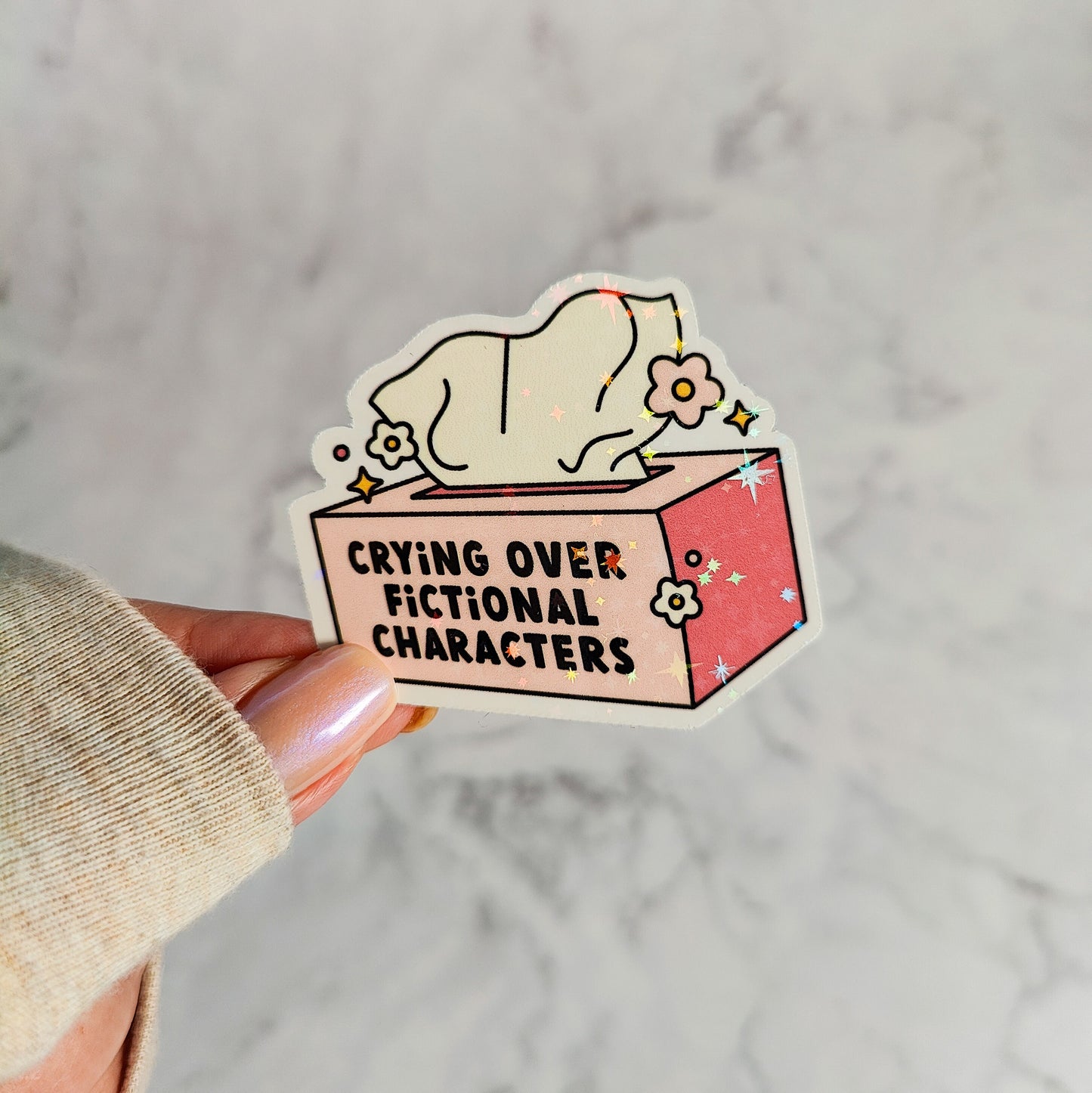 Crying Over Fictional Characters Tissue Box Holographic Sticker