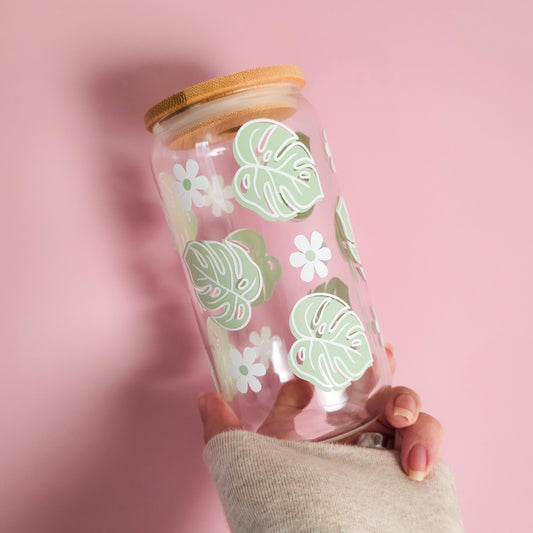 Floral Monstera Glass Cup
