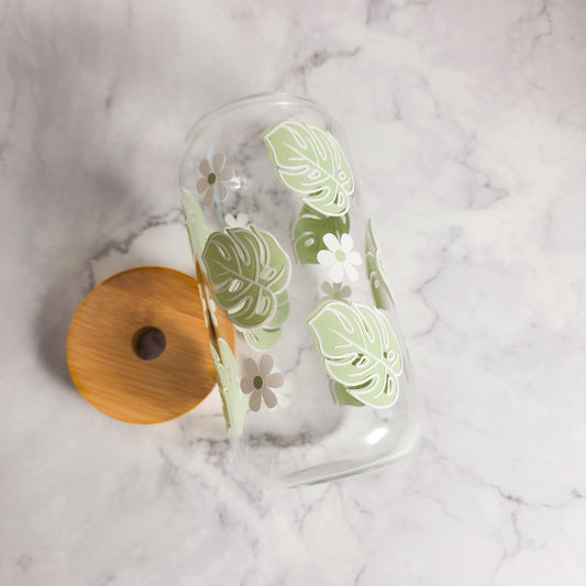 Floral Monstera Glass Cup