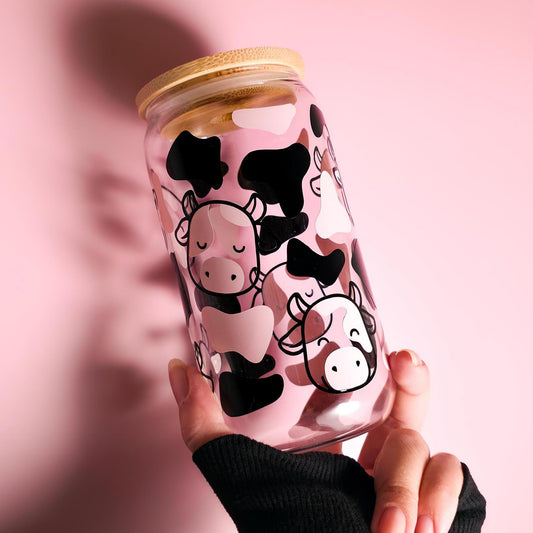 Strawberry Milk Cow Print Glass Cup