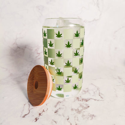 Checkered Color Changing Hemp Leaf Glass Cup