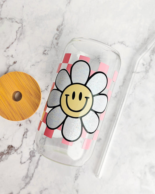 Happy Checkered Daisy Glass Cup