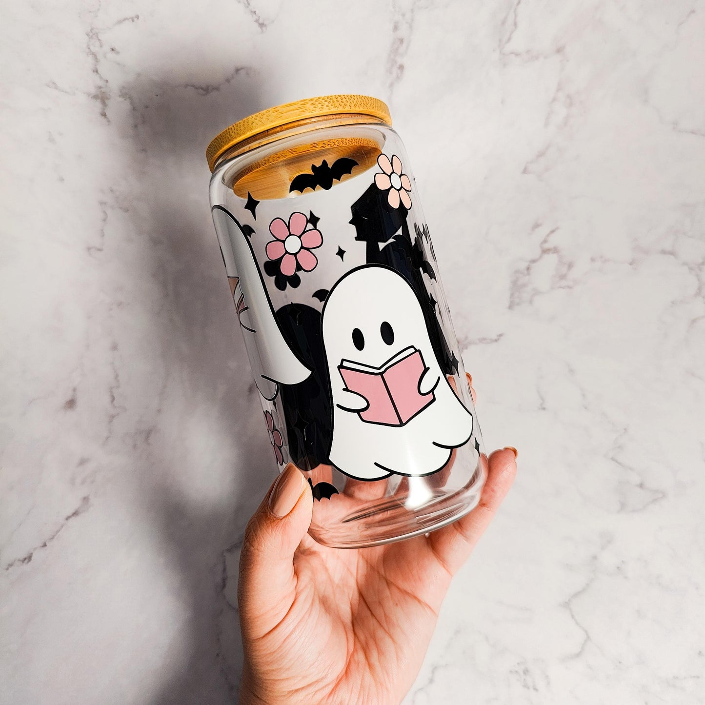Floral Bookish Ghosts Coffee Glass Can
