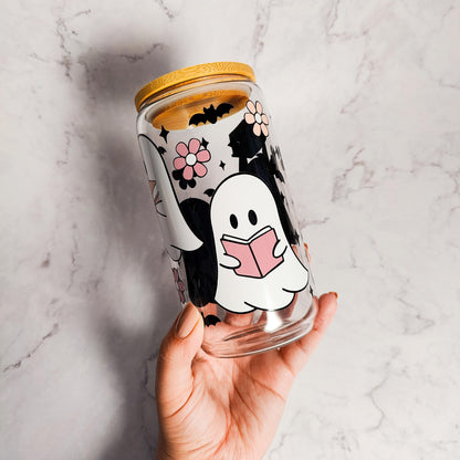 Floral Bookish Ghosts Coffee Glass Can