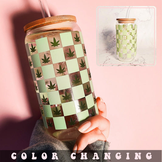 Checkered Color Changing Hemp Leaf Glass Cup