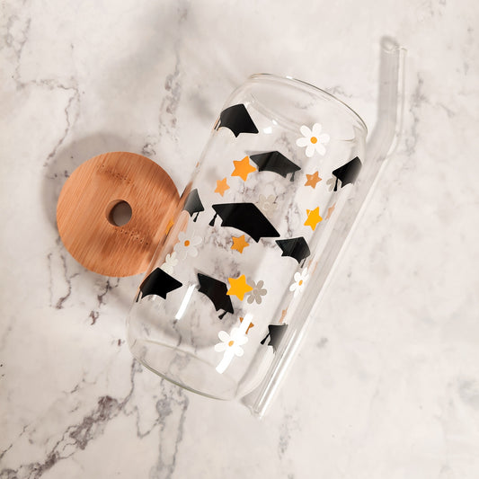 Grad Caps and Daisies Glass Coffee Cup