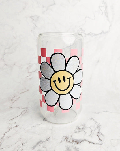 Happy Checkered Daisy Glass Cup