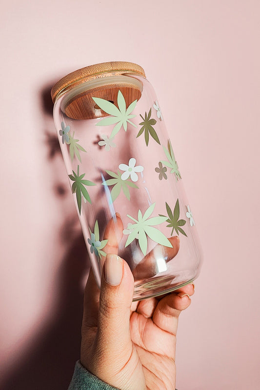Hemp Leaves and Daisies Glass Coffee Cup