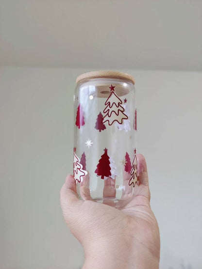 Christmas Tree Iced Coffee Cup, Christmas Gift, Cute Holiday Cup, Holiday Glass Can, Winter Cup with Lid and Straw, Libbey Beer Soda Can