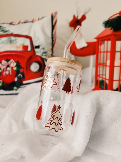 Christmas Tree Iced Coffee Cup, Christmas Gift, Cute Holiday Cup, Holiday Glass Can, Winter Cup with Lid and Straw, Libbey Beer Soda Can