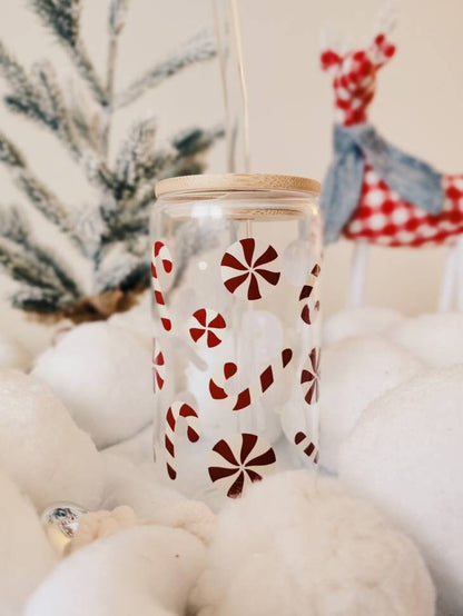 Peppermint Candy Cane Cup, Christmas Candy Cane Glass Cup, Iced Coffee Cup, Hot Cocoa Glass Cup with Bamboo Lid, Christmas Gift for Friend
