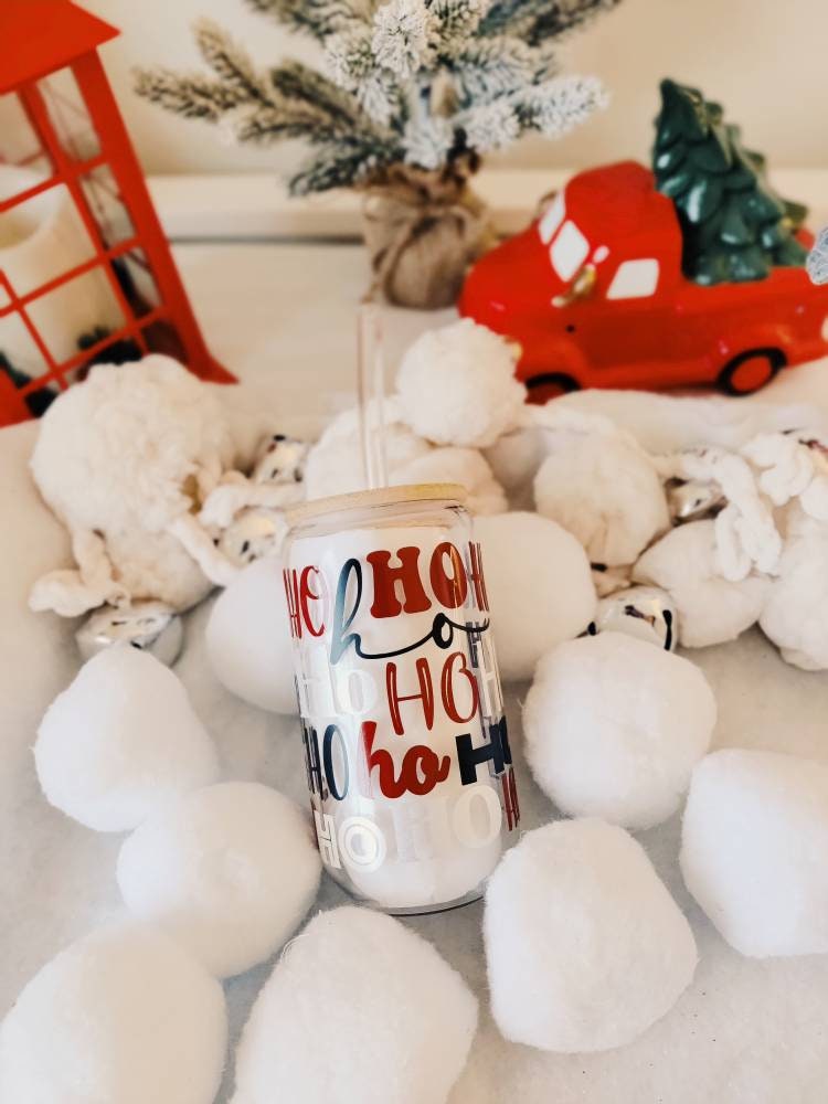 HoHoHo Christmas Iced Coffee Cup, Hot Cocoa Cup, Christmas Gift Idea, Xmas Beer Can, Coffee Mug, Xmas Glass Tumbler Cup with Lid and Straw