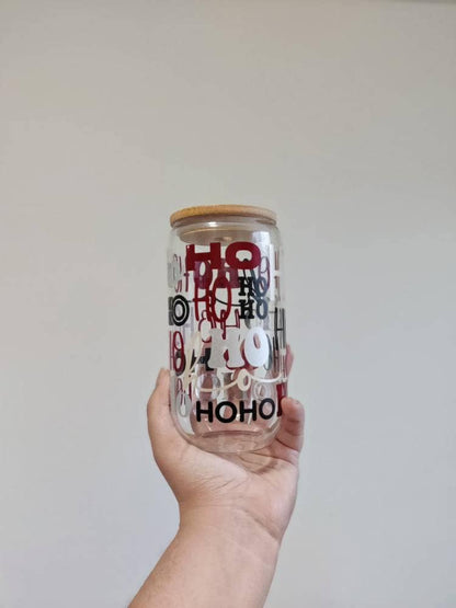 HoHoHo Christmas Iced Coffee Cup, Hot Cocoa Cup, Christmas Gift Idea, Xmas Beer Can, Coffee Mug, Xmas Glass Tumbler Cup with Lid and Straw