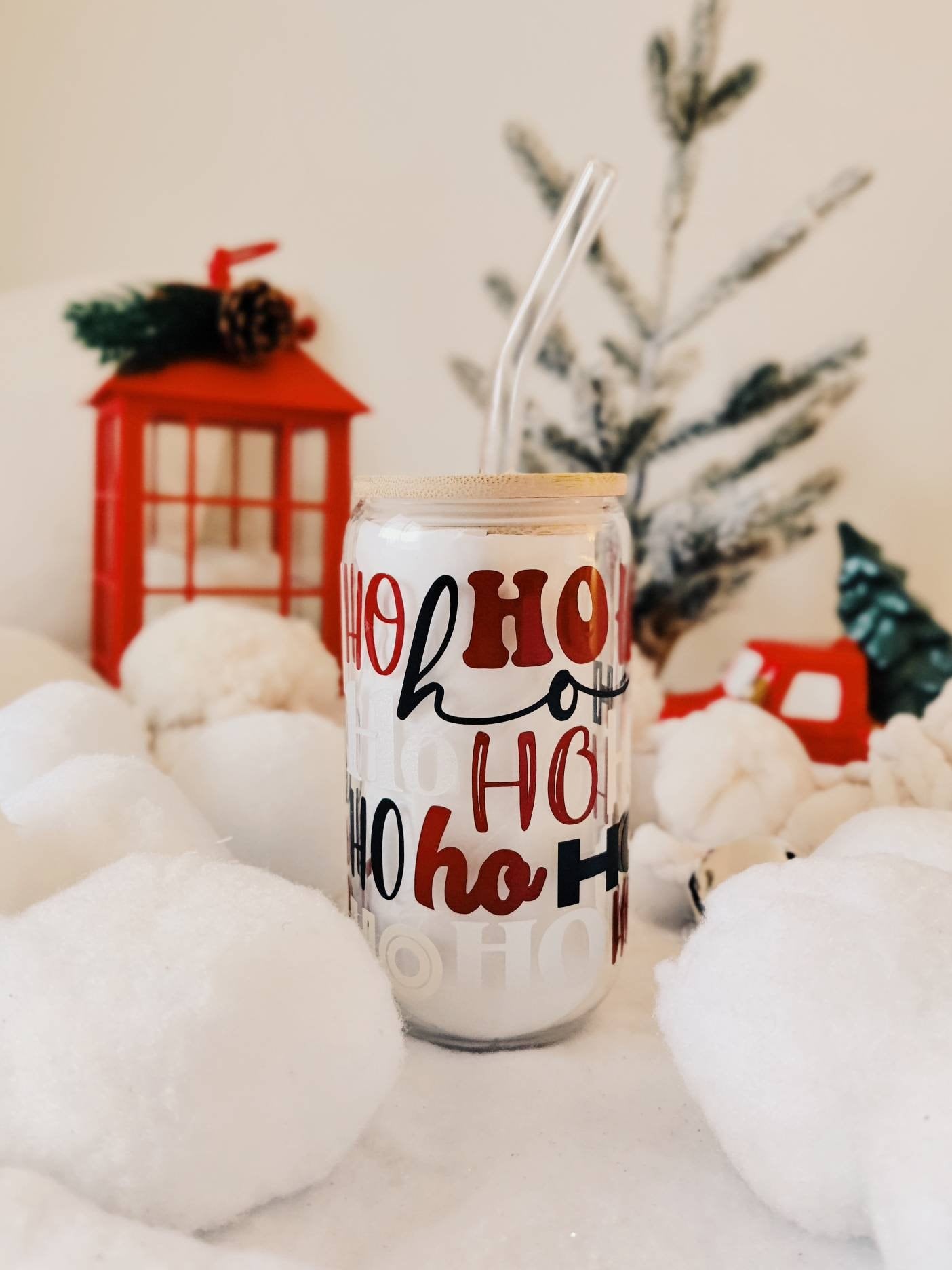 HoHoHo Christmas Iced Coffee Cup, Hot Cocoa Cup, Christmas Gift Idea, Xmas Beer Can, Coffee Mug, Xmas Glass Tumbler Cup with Lid and Straw