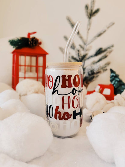 HoHoHo Christmas Iced Coffee Cup, Hot Cocoa Cup, Christmas Gift Idea, Xmas Beer Can, Coffee Mug, Xmas Glass Tumbler Cup with Lid and Straw