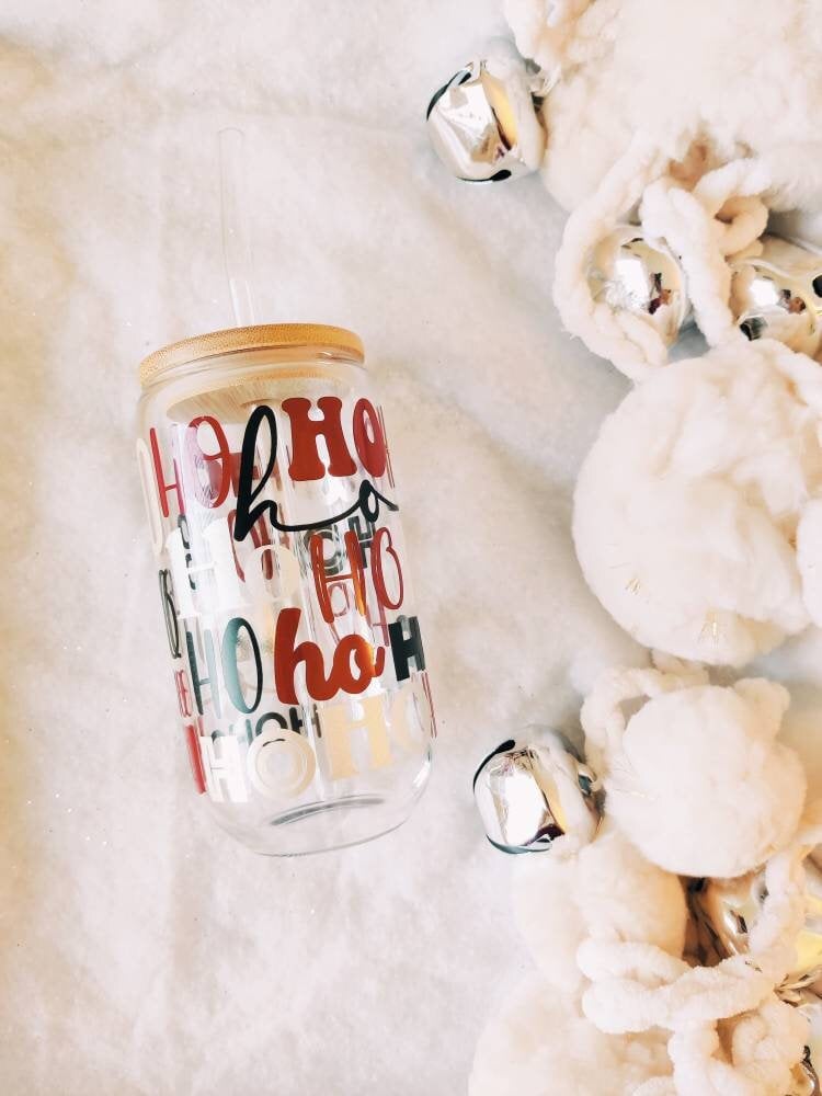HoHoHo Christmas Iced Coffee Cup, Hot Cocoa Cup, Christmas Gift Idea, Xmas Beer Can, Coffee Mug, Xmas Glass Tumbler Cup with Lid and Straw