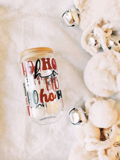 HoHoHo Christmas Iced Coffee Cup, Hot Cocoa Cup, Christmas Gift Idea, Xmas Beer Can, Coffee Mug, Xmas Glass Tumbler Cup with Lid and Straw