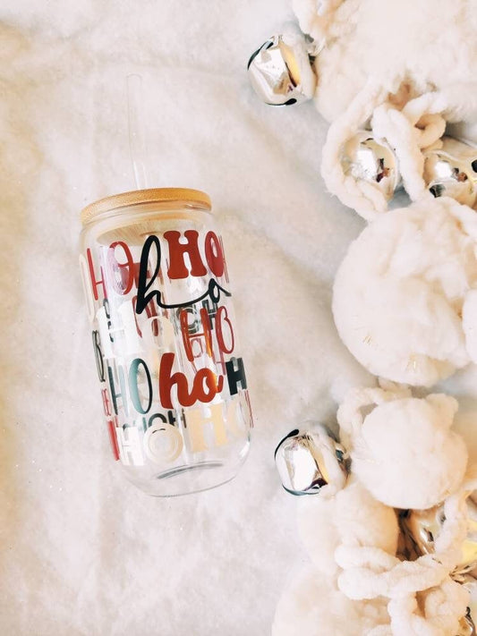 HoHoHo Christmas Iced Coffee Cup, Hot Cocoa Cup, Christmas Gift Idea, Xmas Beer Can, Coffee Mug, Xmas Glass Tumbler Cup with Lid and Straw