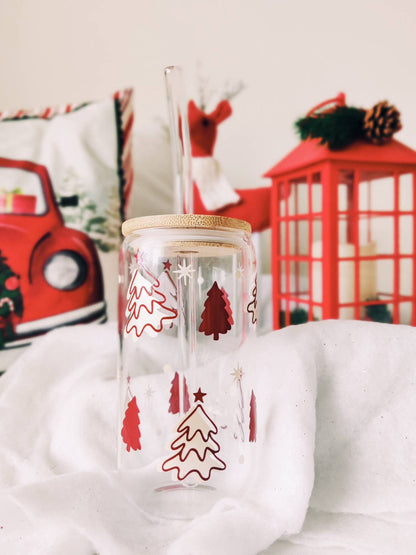 Christmas Tree Iced Coffee Cup, Christmas Gift, Cute Holiday Cup, Holiday Glass Can, Winter Cup with Lid and Straw, Libbey Beer Soda Can
