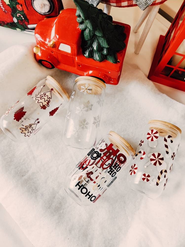 Peppermint Candy Cane Cup, Christmas Candy Cane Glass Cup, Iced Coffee Cup, Hot Cocoa Glass Cup with Bamboo Lid, Christmas Gift for Friend