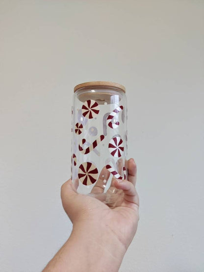 Peppermint Candy Cane Cup, Christmas Candy Cane Glass Cup, Iced Coffee Cup, Hot Cocoa Glass Cup with Bamboo Lid, Christmas Gift for Friend