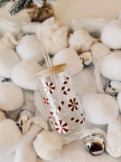 Peppermint Candy Cane Cup, Christmas Candy Cane Glass Cup, Iced Coffee Cup, Hot Cocoa Glass Cup with Bamboo Lid, Christmas Gift for Friend