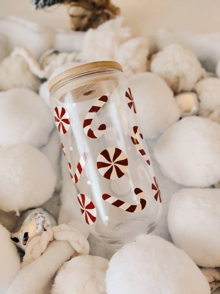 Peppermint Candy Cane Cup, Christmas Candy Cane Glass Cup, Iced Coffee Cup, Hot Cocoa Glass Cup with Bamboo Lid, Christmas Gift for Friend