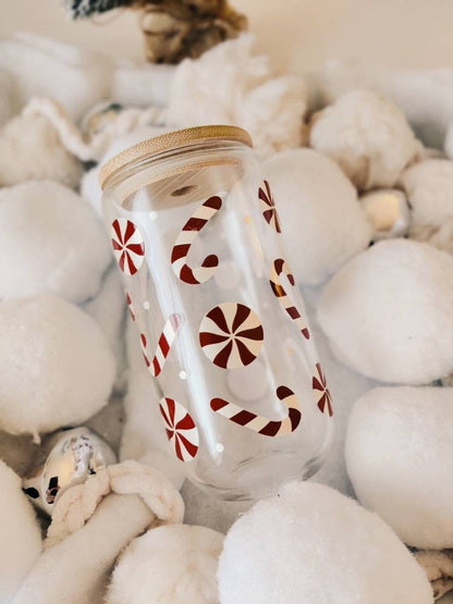 Peppermint Candy Cane Cup, Christmas Candy Cane Glass Cup, Iced Coffee Cup, Hot Cocoa Glass Cup with Bamboo Lid, Christmas Gift for Friend