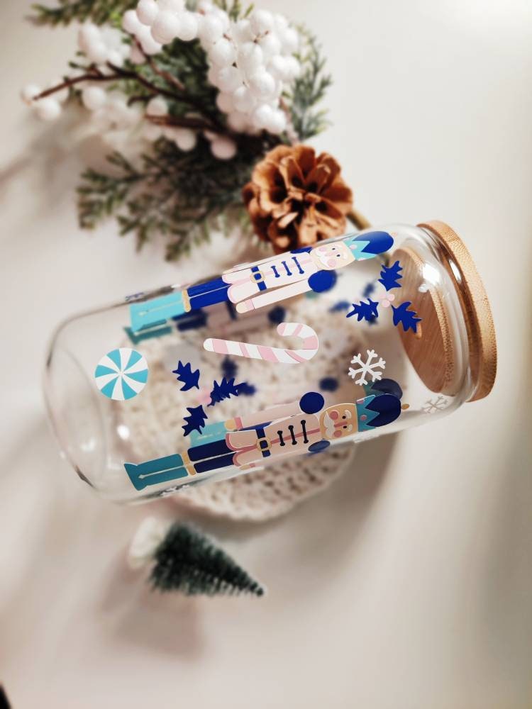 Christmas Nutcracker Glass Cup, 16oz and 20oz bamboo lid and straw included