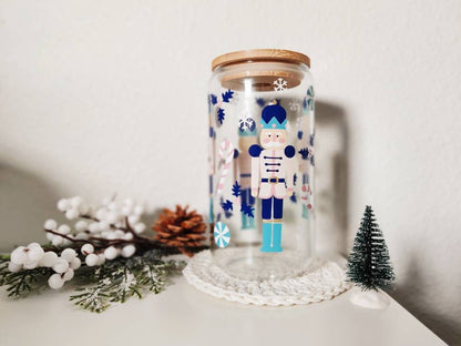 Christmas Nutcracker Glass Cup, 16oz and 20oz bamboo lid and straw included