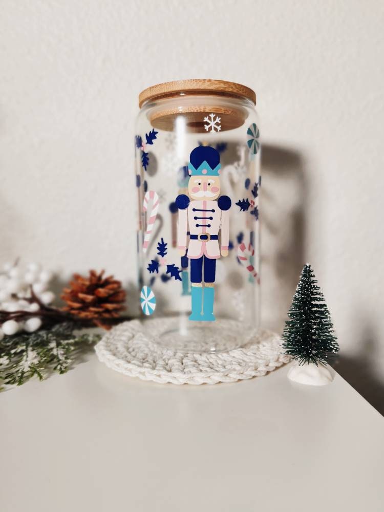 Christmas Nutcracker Glass Cup, 16oz and 20oz bamboo lid and straw included