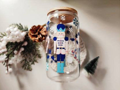 Christmas Nutcracker Glass Cup, 16oz and 20oz bamboo lid and straw included