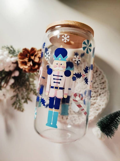 Christmas Nutcracker Glass Cup, 16oz and 20oz bamboo lid and straw included