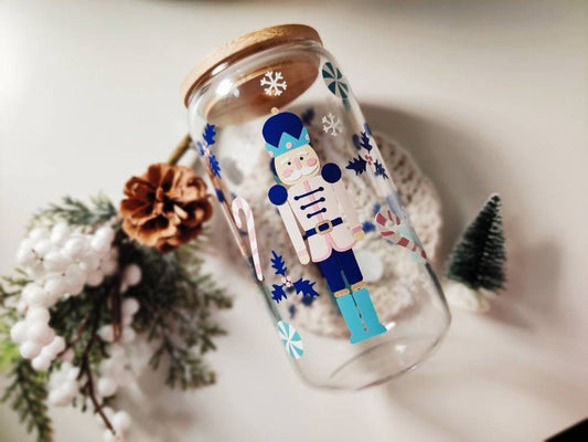 Christmas Nutcracker Glass Cup, 16oz and 20oz bamboo lid and straw included