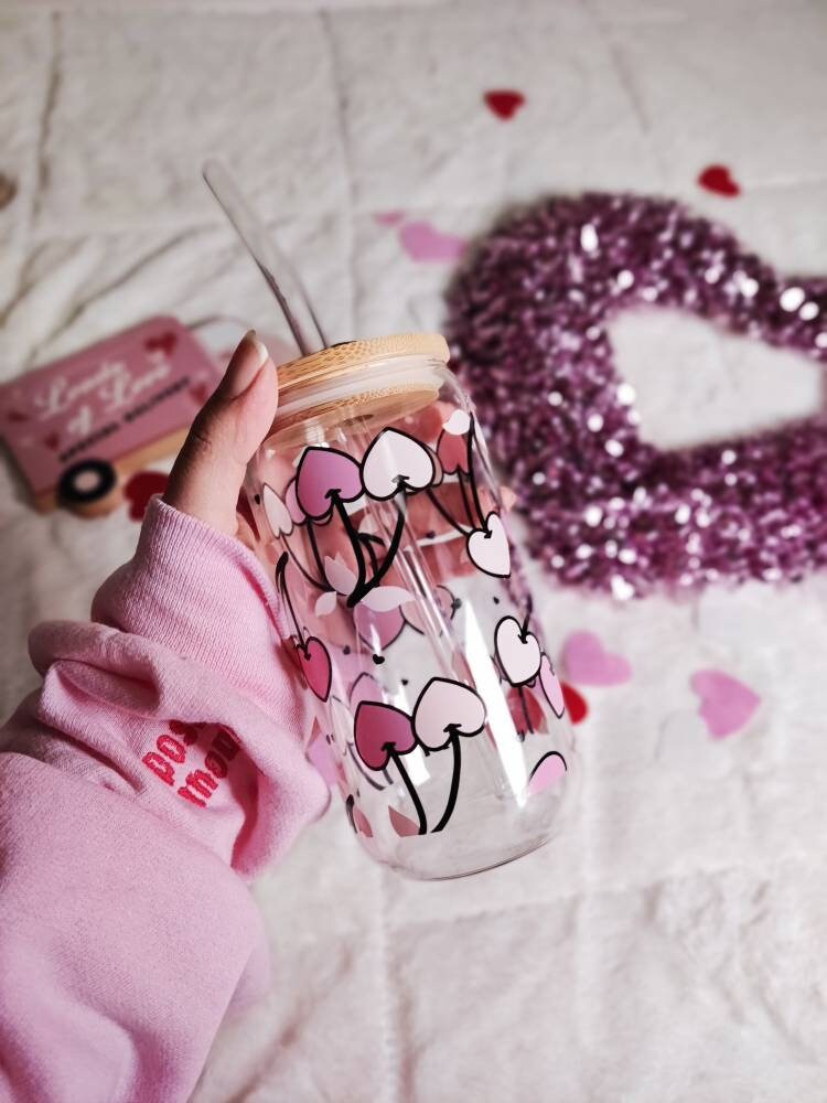 Pink Cherry Hearts Cup, Cute Libbey Iced Coffee Cup with Bamboo Lid and Glass Straw, Valentine's Day Gift, Glass Cup Gift for Her, Beer Can
