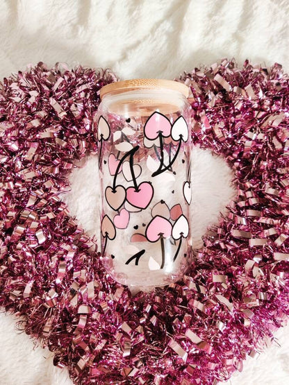 Pink Cherry Hearts Cup, Cute Libbey Iced Coffee Cup with Bamboo Lid and Glass Straw, Valentine's Day Gift, Glass Cup Gift for Her, Beer Can