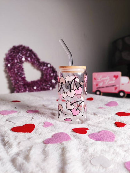 Pink Cherry Hearts Cup, Cute Libbey Iced Coffee Cup with Bamboo Lid and Glass Straw, Valentine's Day Gift, Glass Cup Gift for Her, Beer Can
