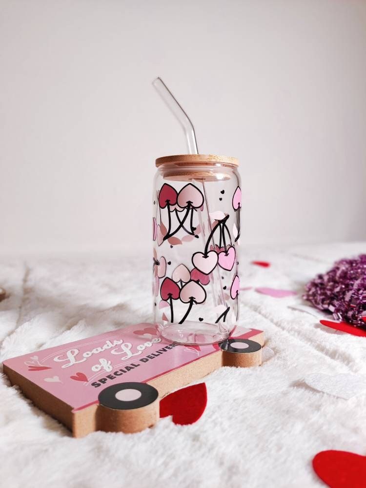 Pink Cherry Hearts Cup, Cute Libbey Iced Coffee Cup with Bamboo Lid and Glass Straw, Valentine's Day Gift, Glass Cup Gift for Her, Beer Can