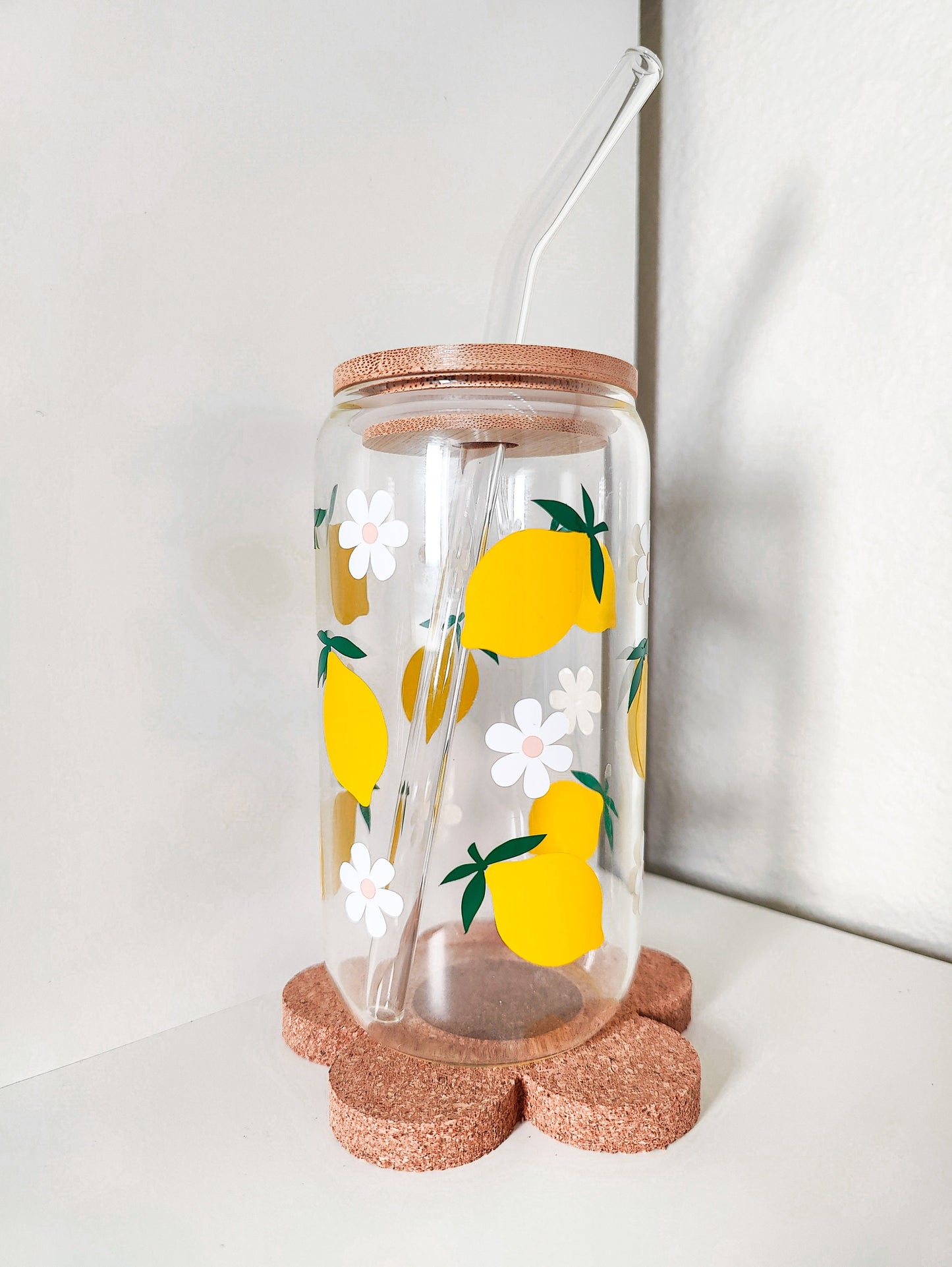Lemon Daisy Glass Can, Lemon Iced Coffee Cup, Lemon Citrus Glass, Summer Aesthetic Cup, Summer Fruit Glass, Beer Glass Can. 16 and 20 oz