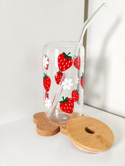 Strawberry Daisy Glass Cup, Fruit Trendy Glass Beer Can, Iced Coffee Glass, Summer Aesthetic Fruit Glass, Bamboo Lid and Straw, 16 and 20 oz
