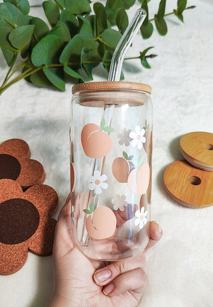 Peach Daisy Glass Can, Peach Iced Coffee Cup, Fruit Trendy Glass Can, Summer Aesthetic Cup, Summer Fruit Glass, Beer Glass Can. 16 and 20 oz