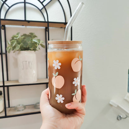 Peach Daisy Glass Can, Peach Iced Coffee Cup, Fruit Trendy Glass Can, Summer Aesthetic Cup, Summer Fruit Glass, Beer Glass Can. 16 and 20 oz
