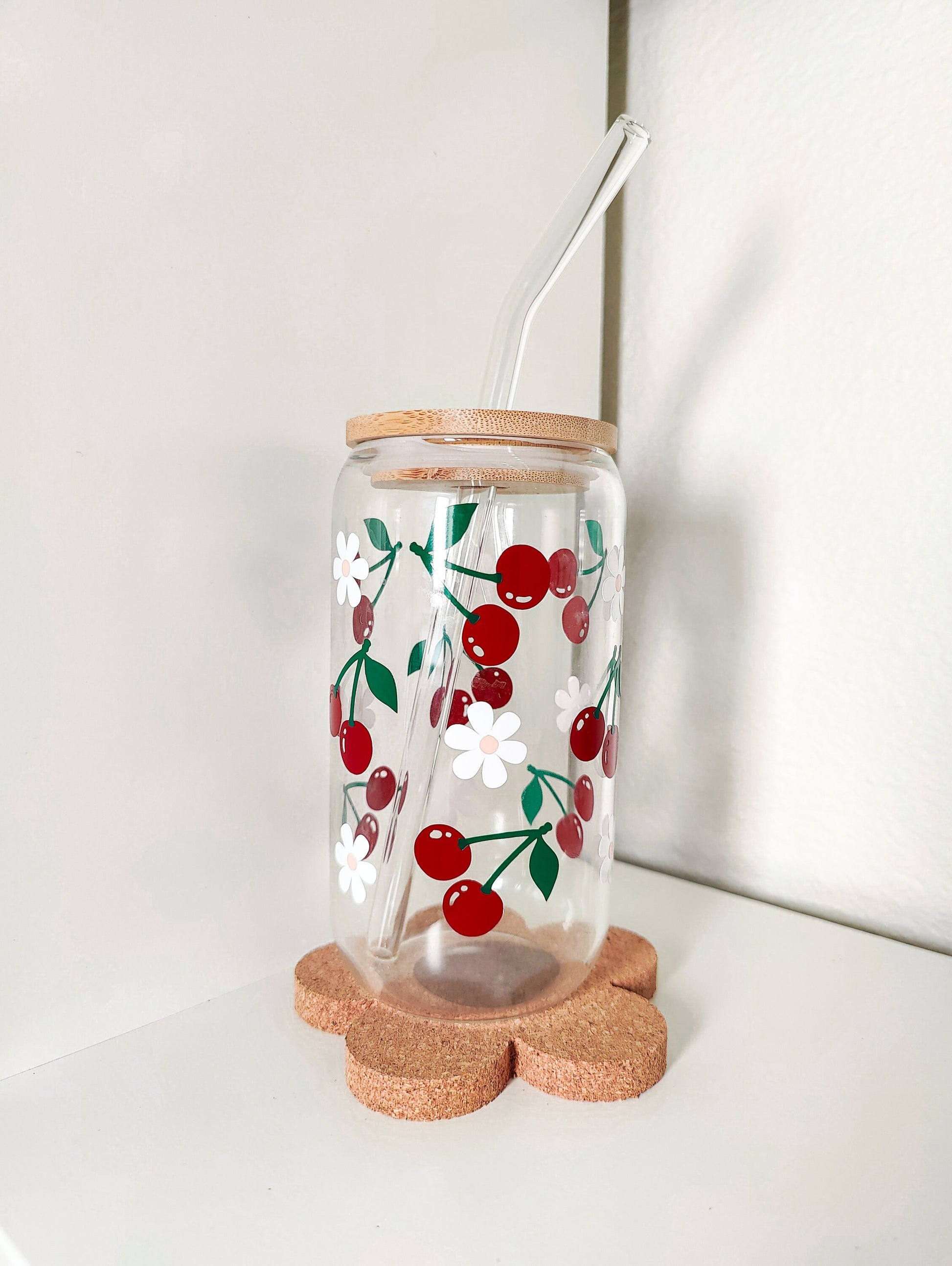 Cherry Daisy Glass Cup, Fruit Trendy Glass Beer Can, Iced Coffee Glass, Summer Aesthetic Fruit Glass, Bamboo Lid and Straw, 16 and 20 oz