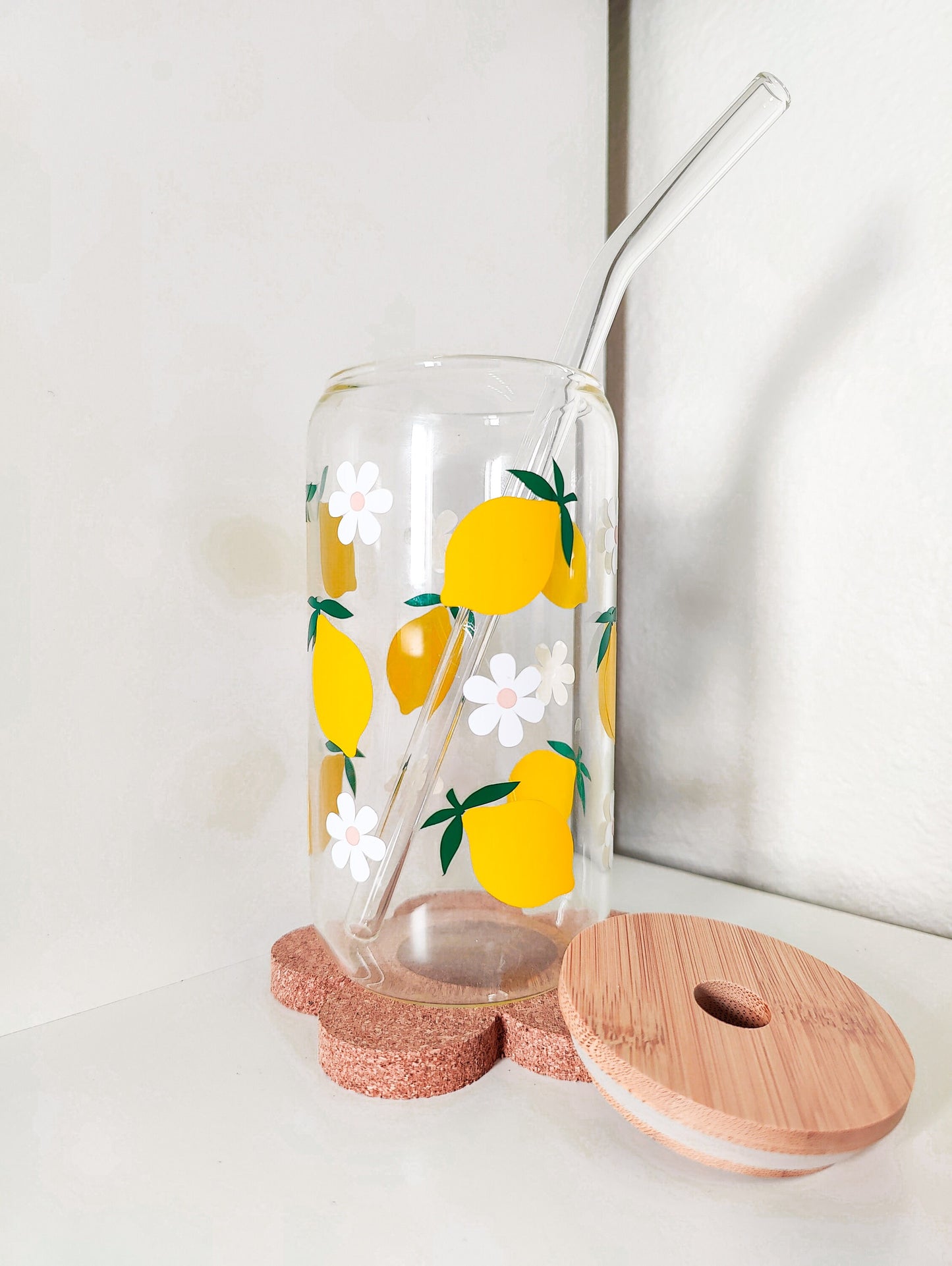 Lemon Daisy Glass Can, Lemon Iced Coffee Cup, Lemon Citrus Glass, Summer Aesthetic Cup, Summer Fruit Glass, Beer Glass Can. 16 and 20 oz