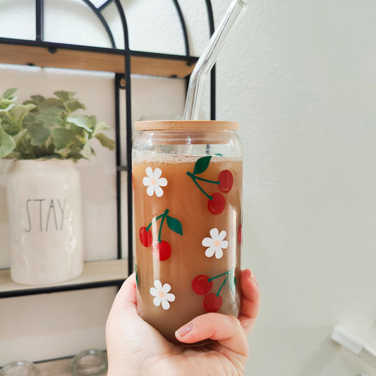 Cherry Daisy Glass Cup, Fruit Trendy Glass Beer Can, Iced Coffee Glass, Summer Aesthetic Fruit Glass, Bamboo Lid and Straw, 16 and 20 oz