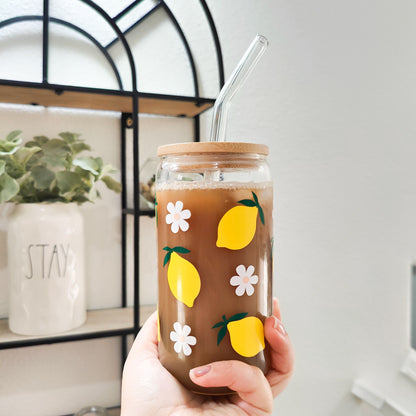 Lemon Daisy Glass Can, Lemon Iced Coffee Cup, Lemon Citrus Glass, Summer Aesthetic Cup, Summer Fruit Glass, Beer Glass Can. 16 and 20 oz