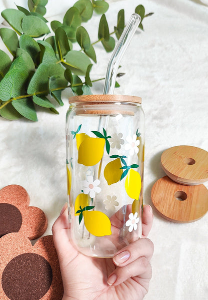 Lemon Daisy Glass Can, Lemon Iced Coffee Cup, Lemon Citrus Glass, Summer Aesthetic Cup, Summer Fruit Glass, Beer Glass Can. 16 and 20 oz