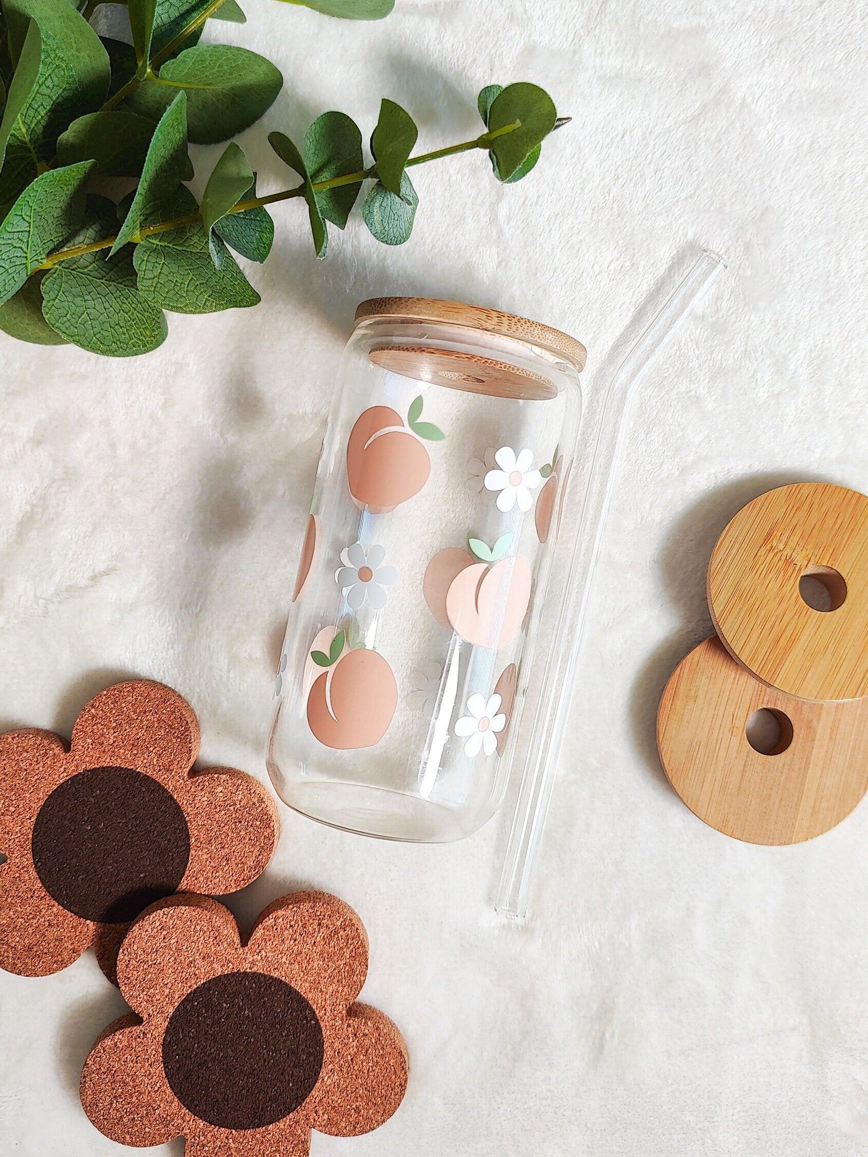 Peach Daisy Glass Can, Peach Iced Coffee Cup, Fruit Trendy Glass Can, Summer Aesthetic Cup, Summer Fruit Glass, Beer Glass Can. 16 and 20 oz