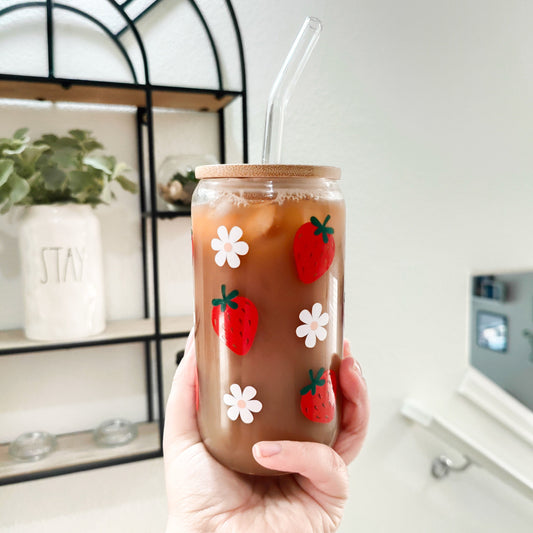 Strawberry Daisy Glass Cup, Fruit Trendy Glass Beer Can, Iced Coffee Glass, Summer Aesthetic Fruit Glass, Bamboo Lid and Straw, 16 and 20 oz
